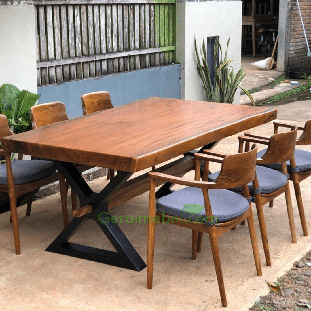 Set Meja Makan Kayu Trembesi Panjang Solid 6 Kursi Retro Scandinavian