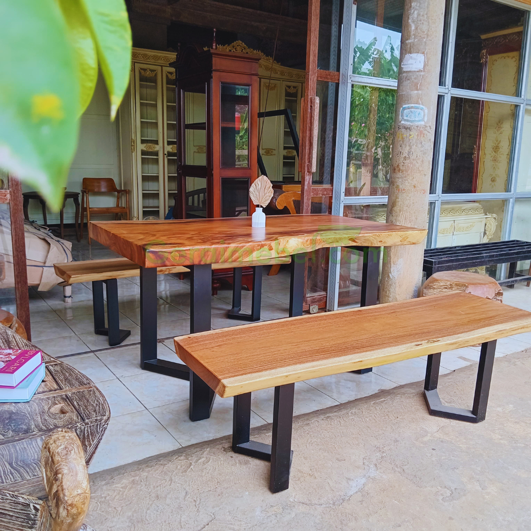 Set Meja Makan Kayu Natural Solid 2 Bangku Panjang