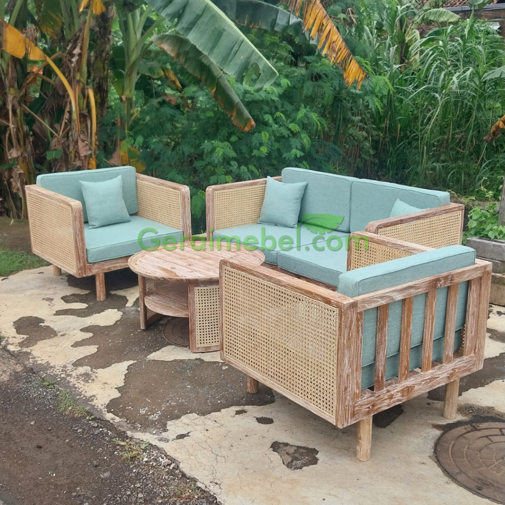 Set Sofa Minimalis Kayu Jati Mix Rotan Modern