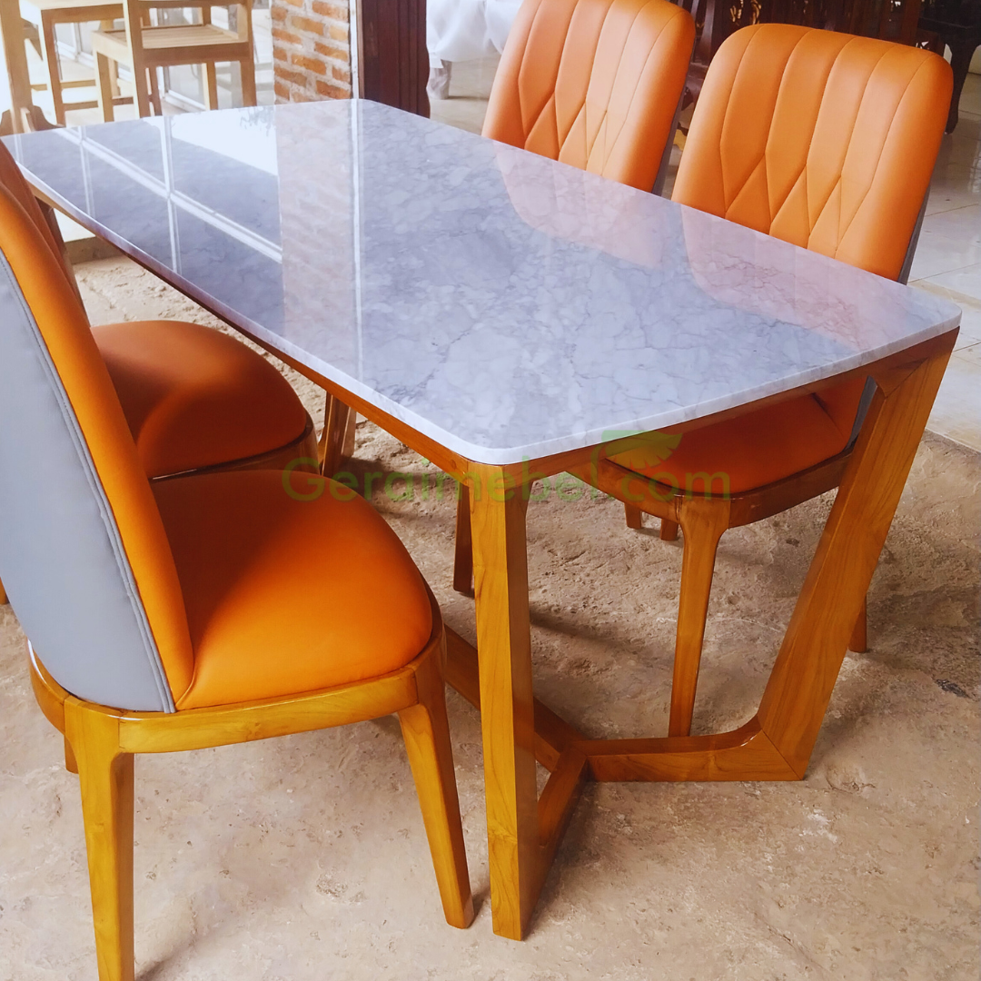 meja makan marmer rangka kayu minimalis