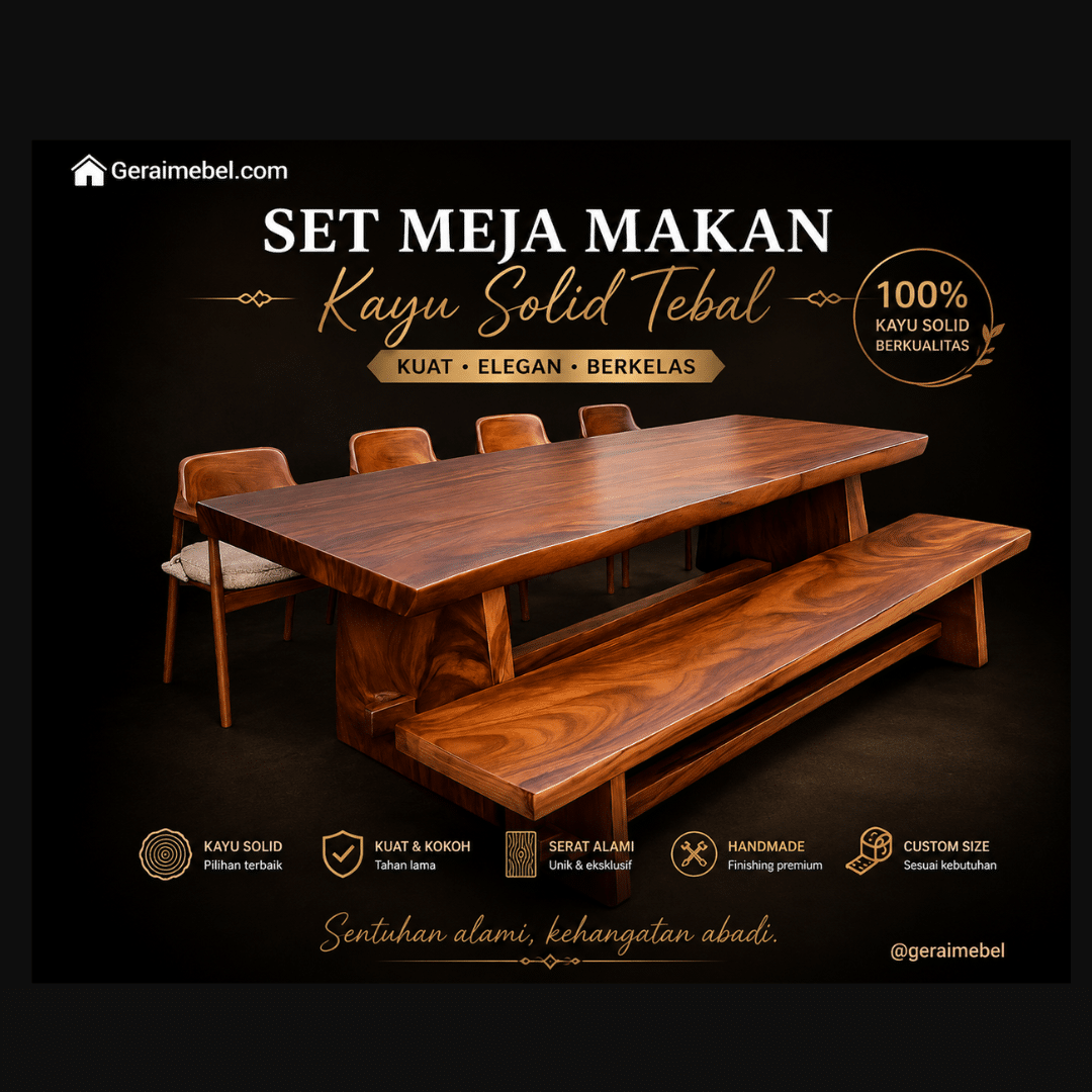 Set Meja Makan Kayu Solid Tebal